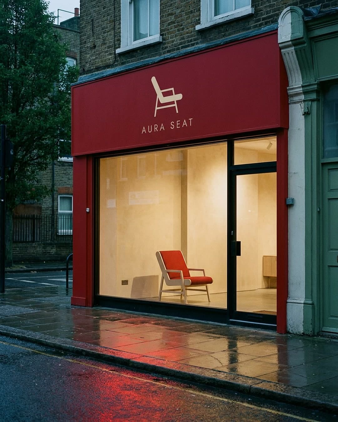 Red shopfront with one chair in the window