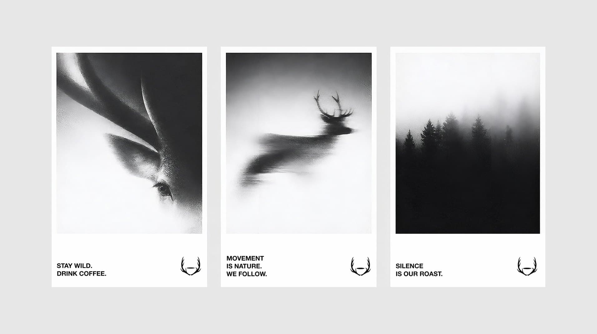 Three posters on a wall: the animal, the stag and the forest, each with its line