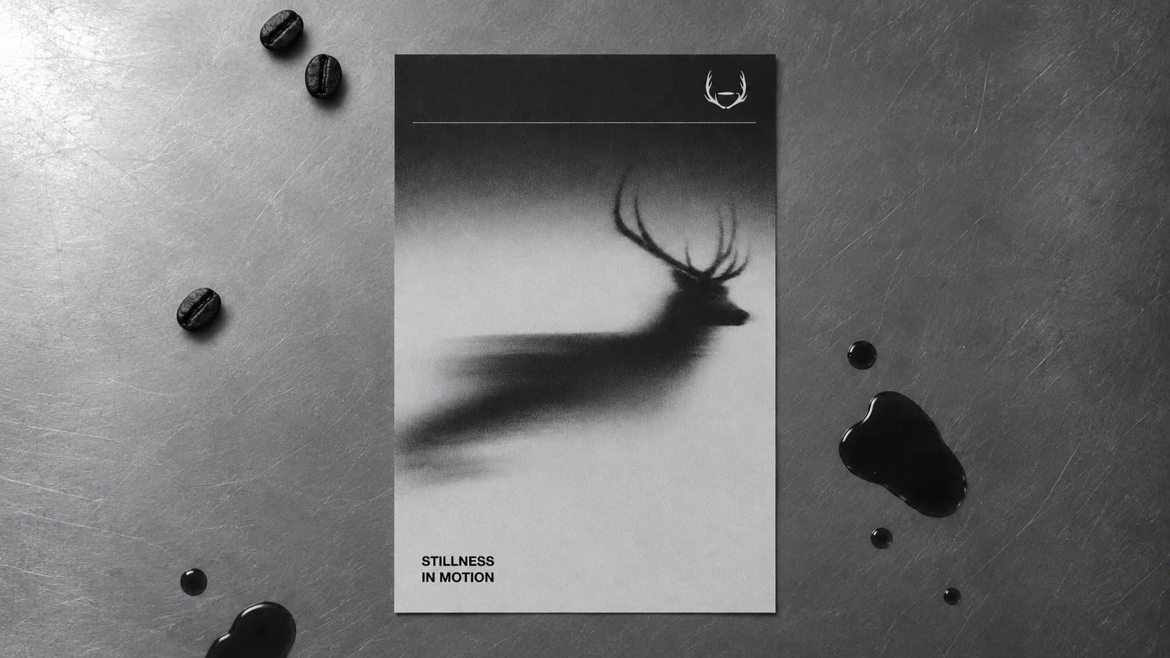 The Stillness in Motion poster on aluminium, coffee beans and spilled drops around it