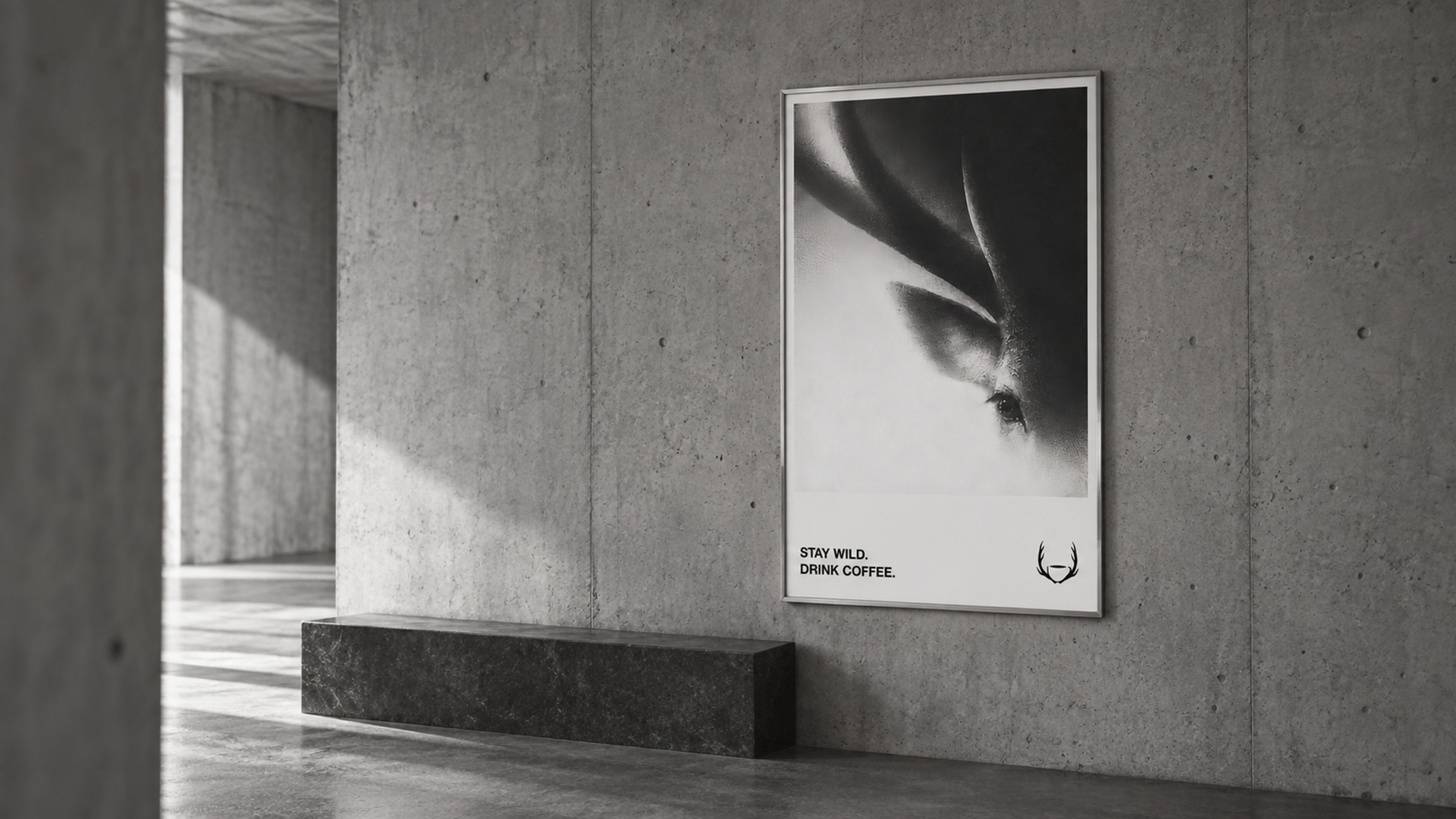 The animal poster framed on a concrete wall, sunlight across the floor