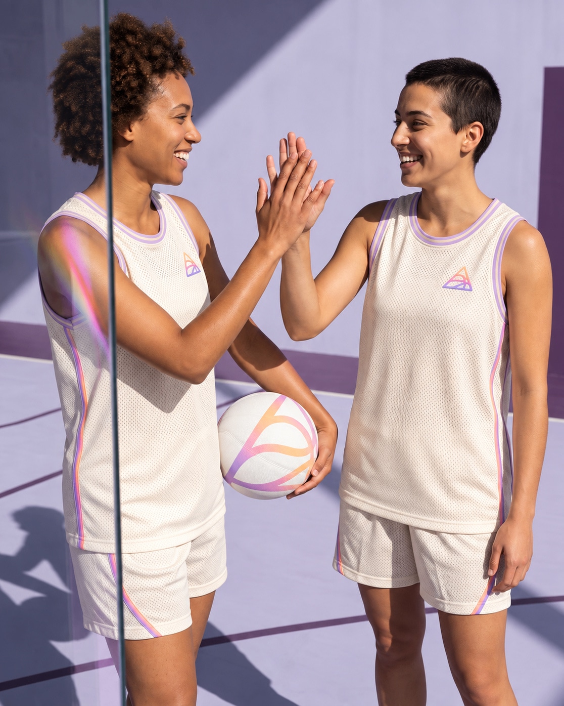 Two players high-fiving, a spectral seam of light between them