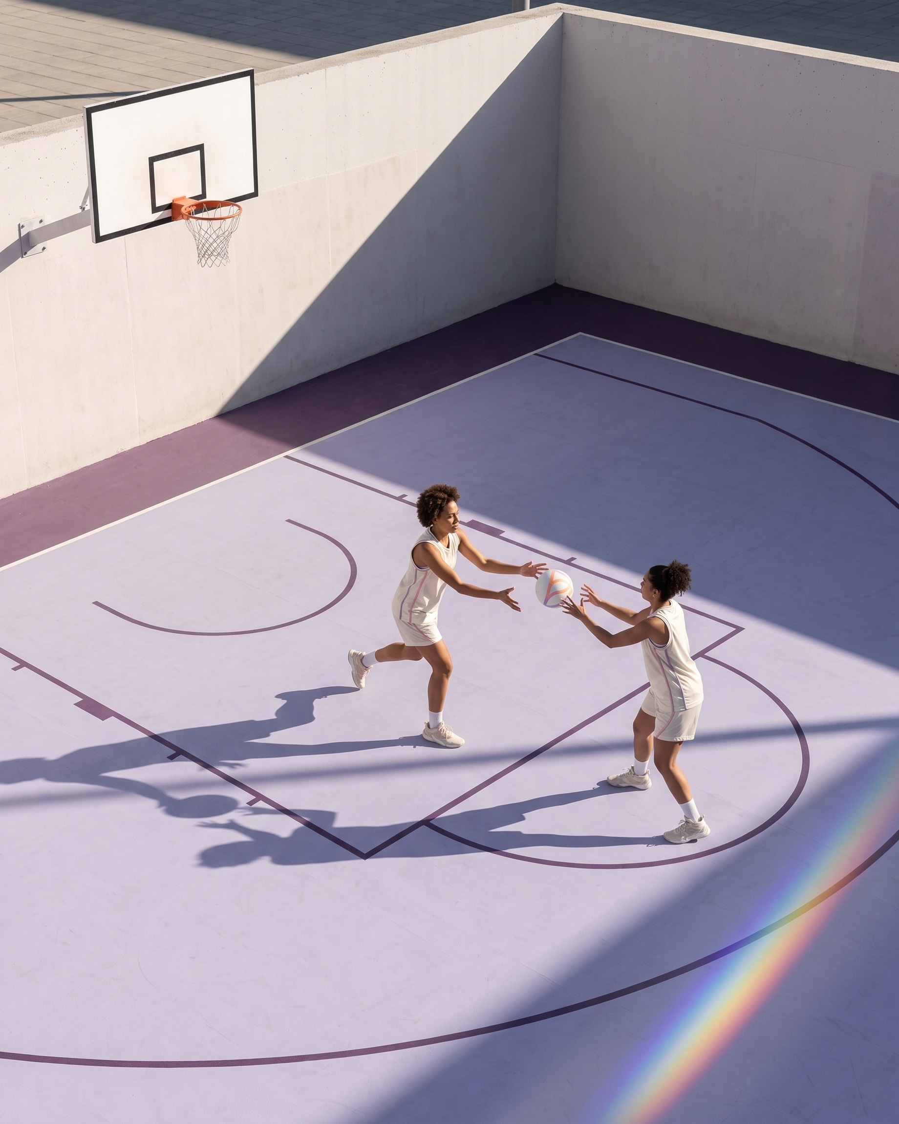 The court from above, two players and a beam of light across the floor