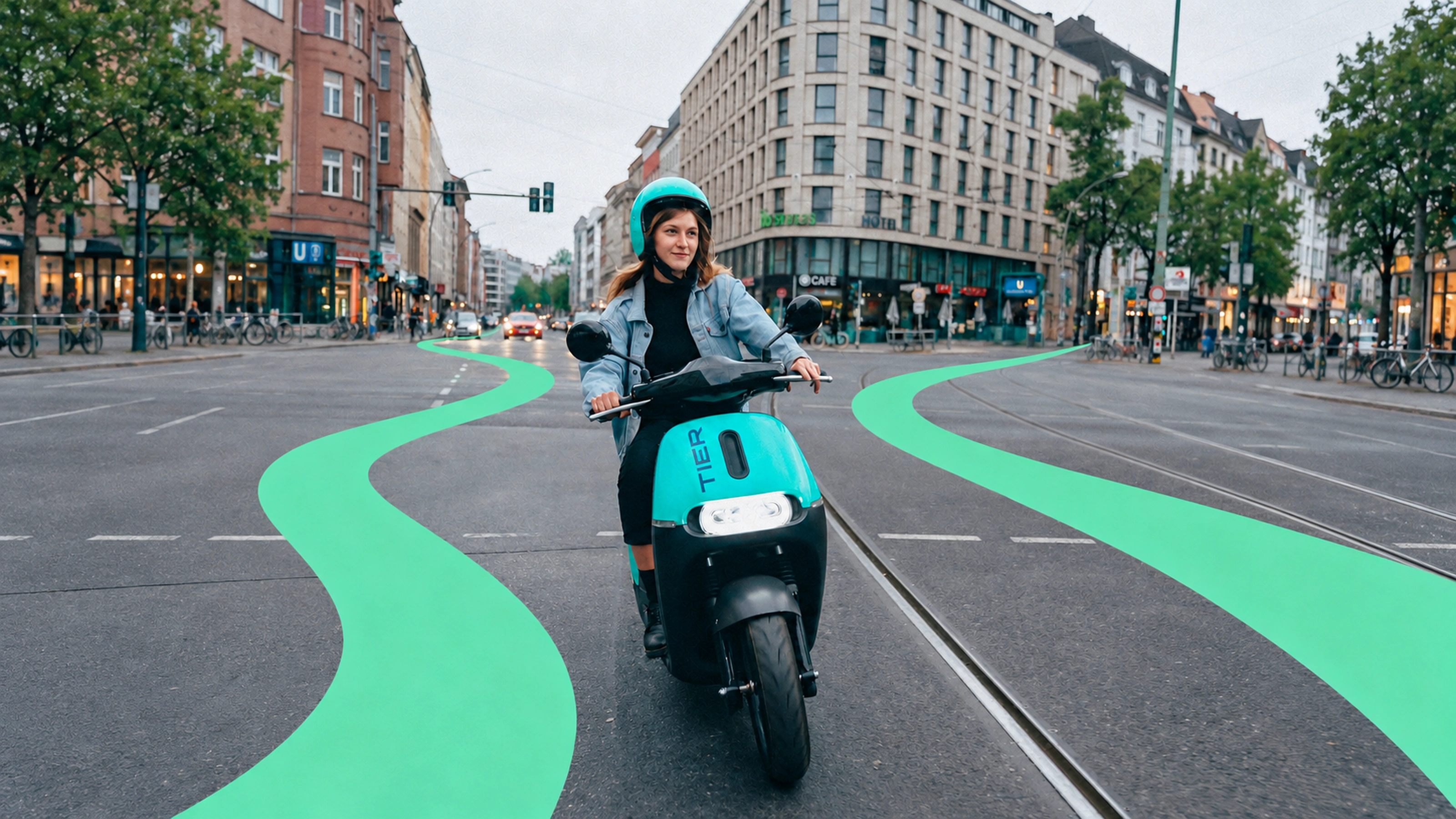 A moped rider between mint ribbons painted on a city street.