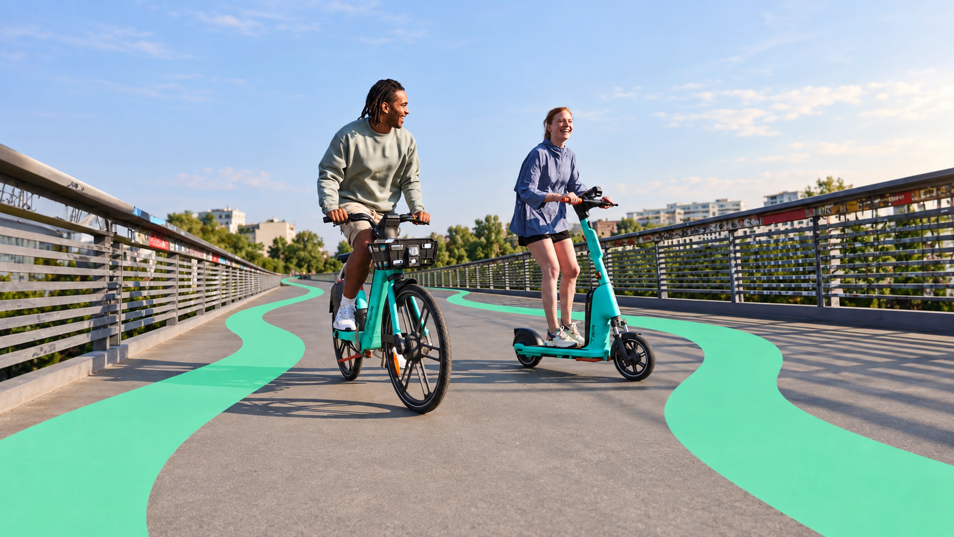 Two riders crossing a bridge along mint ribbons painted on the path.
