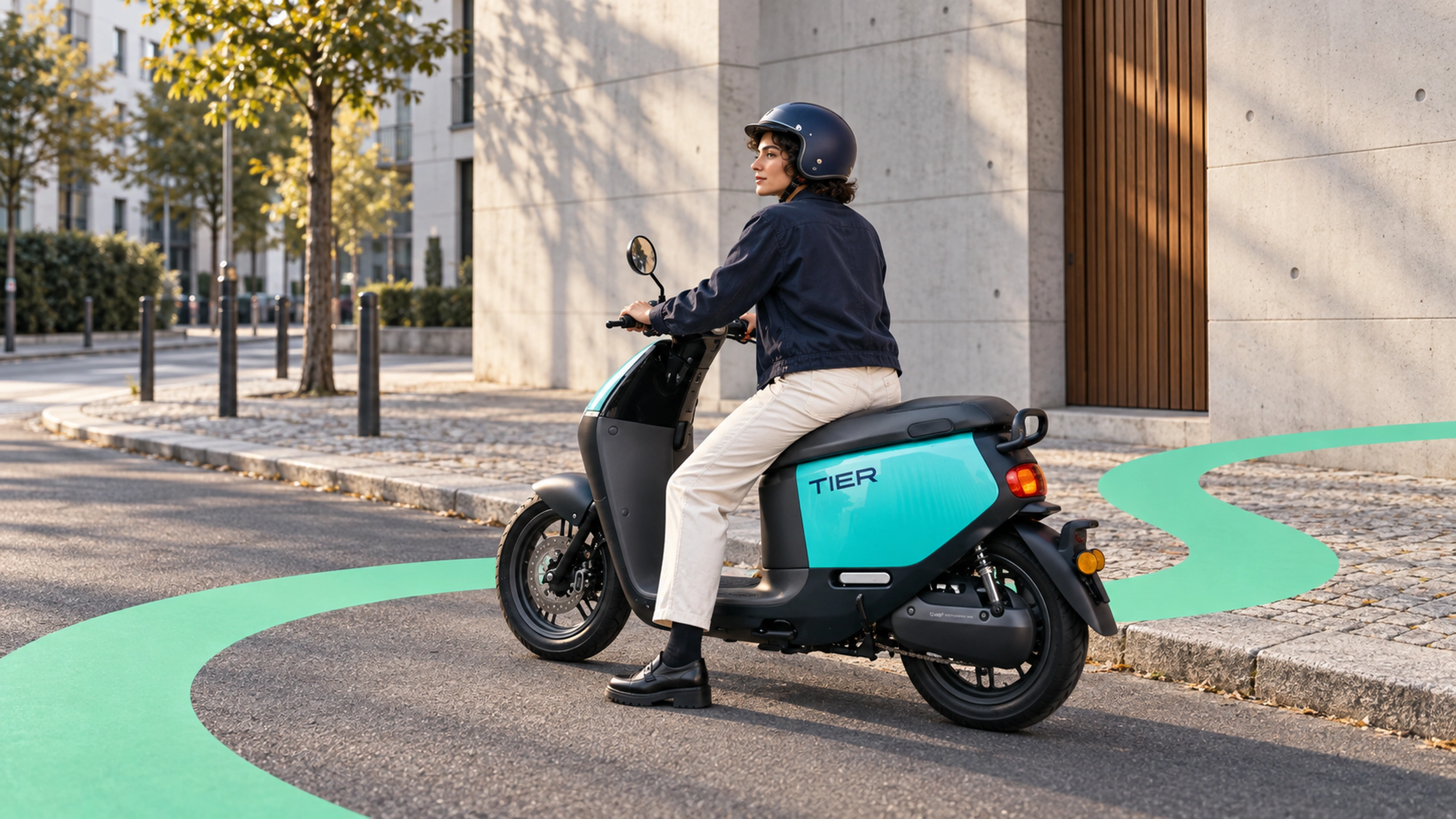 A rider on a TIER moped, a mint ribbon running along the street beside her.