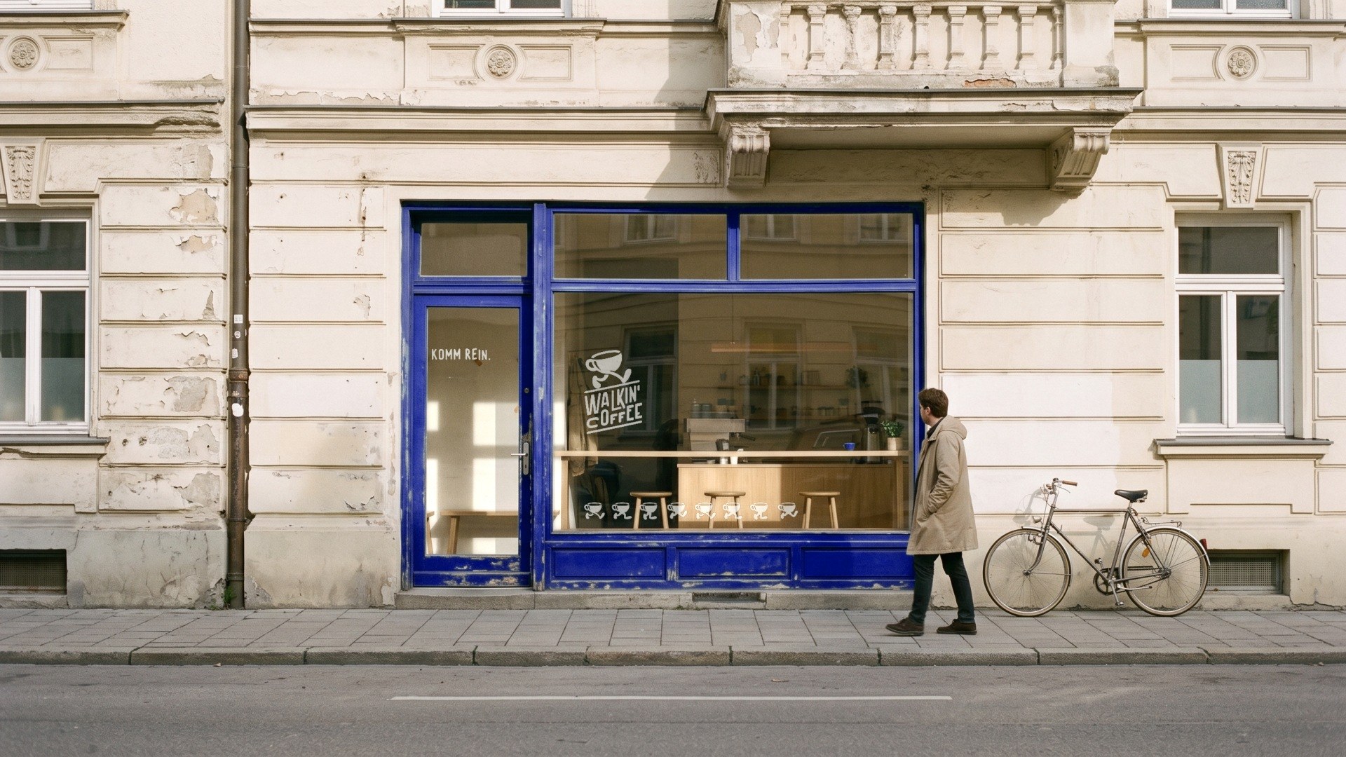 Walkin' Coffee in einem Münchner Altbau, das Logo und eine Reihe laufender Becher auf dem Schaufenster.