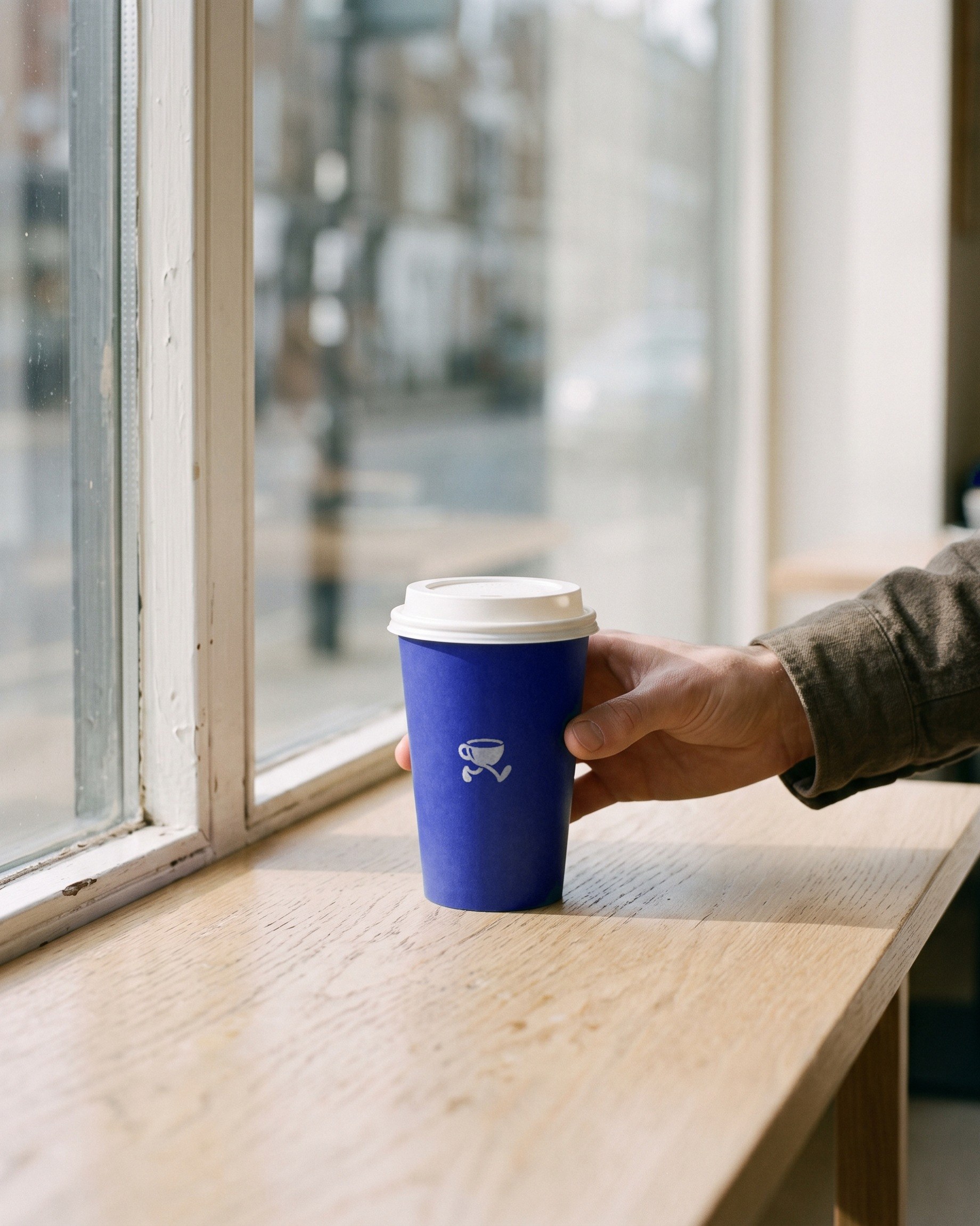 A blue takeaway cup with the walking cup printed small.