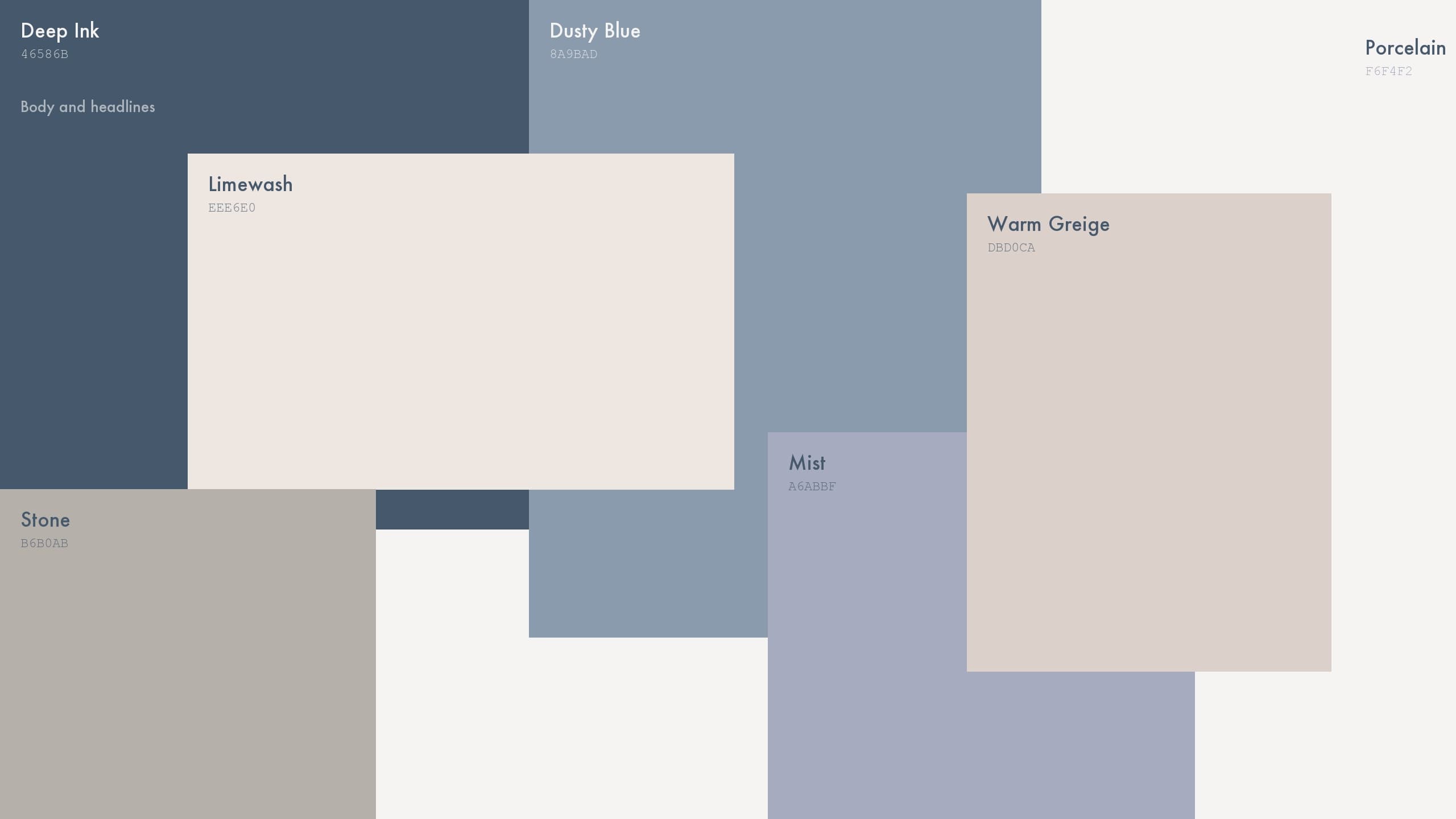 The palette as overlapping fields, porcelain to deep ink