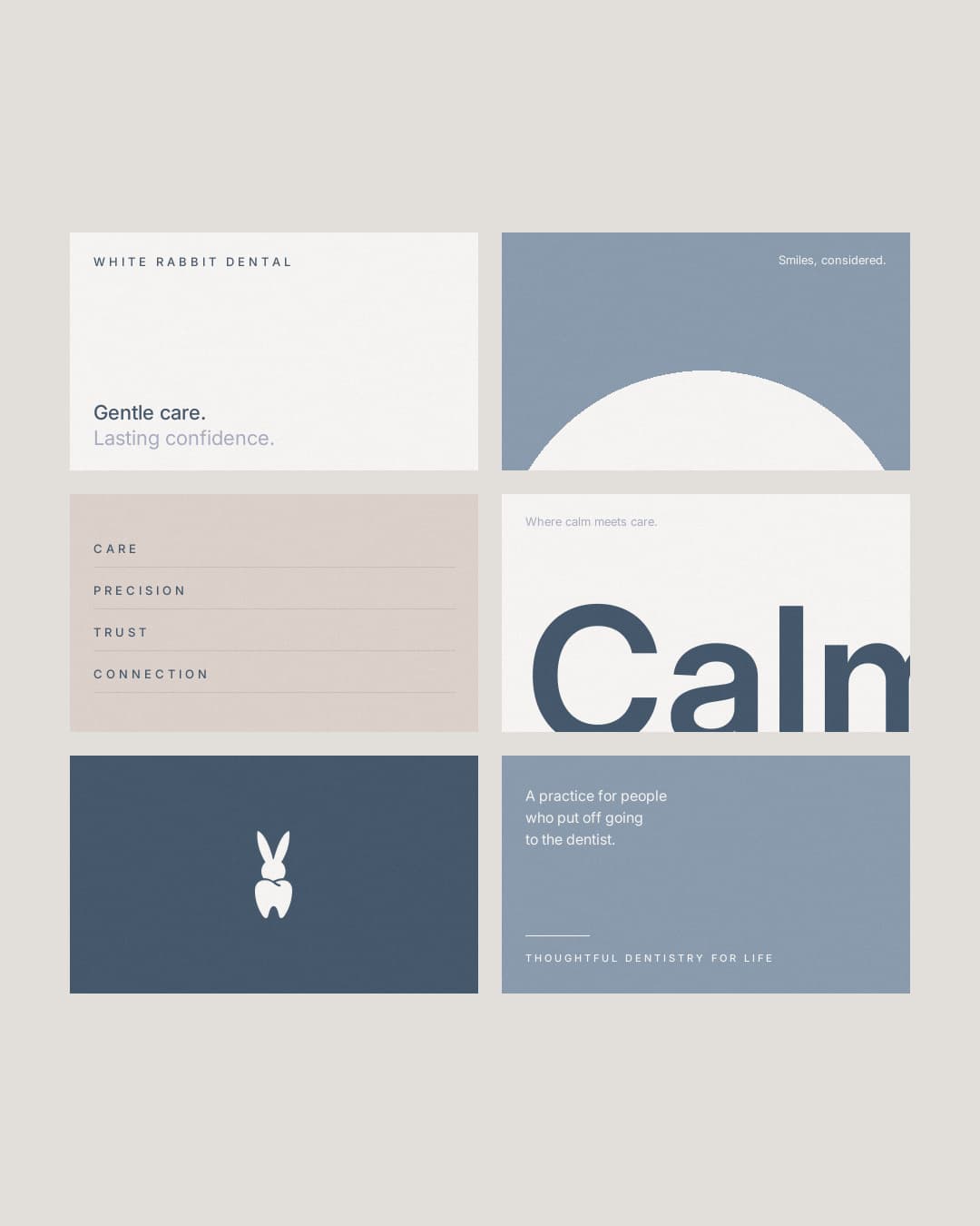 Six cards on three stocks: the tagline, the arc, the four values, the word Calm, one mark, and a line from the brief
