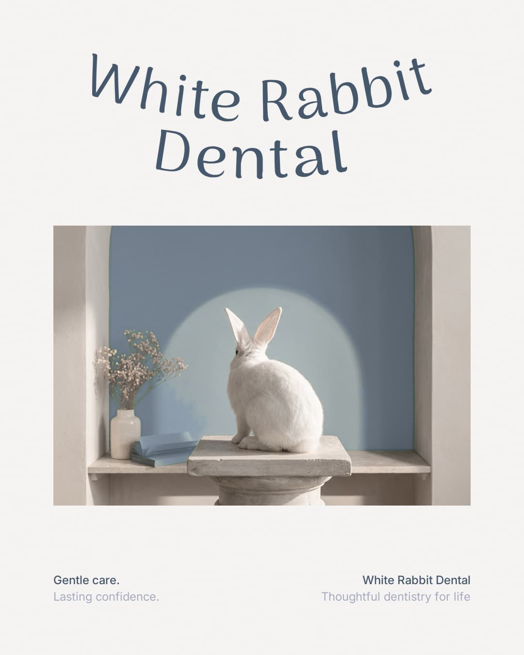 Poster with the wordmark above a white rabbit in a dusty blue niche