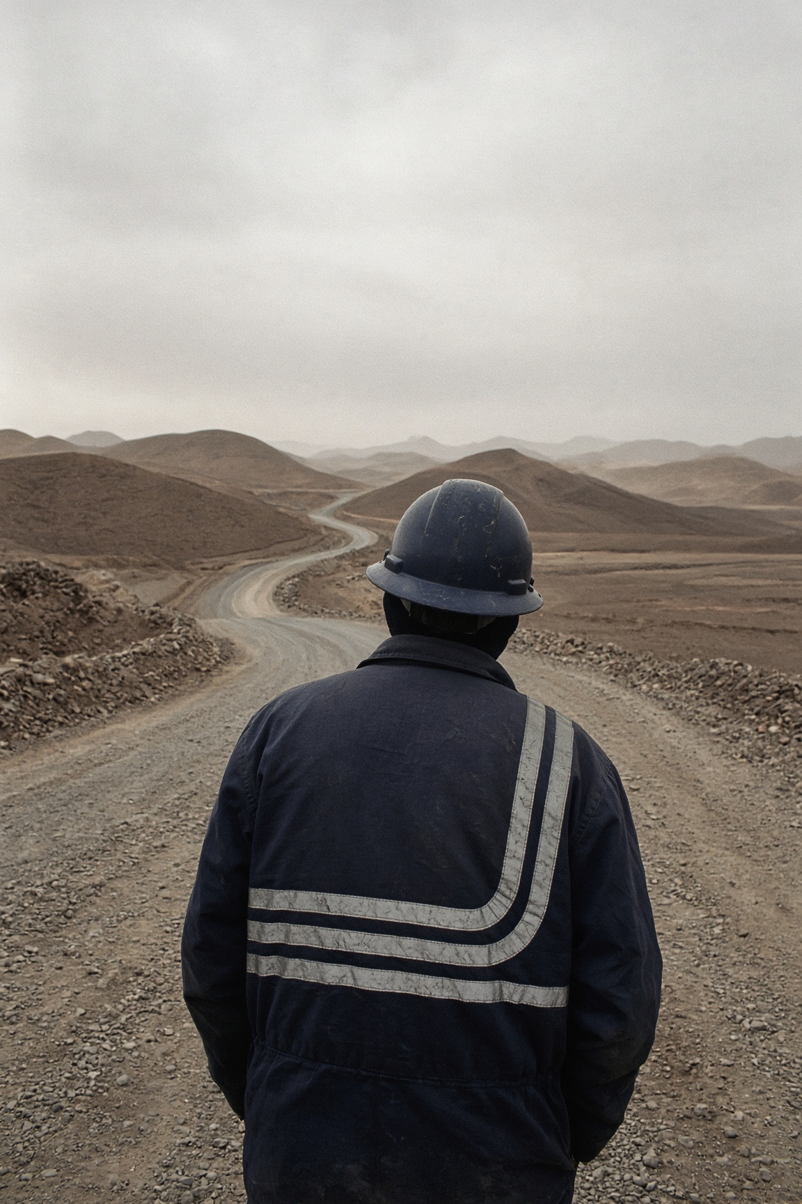 A worker on a haul road, the reflective tape on his jacket turning up over the shoulder the way the haul road turns.