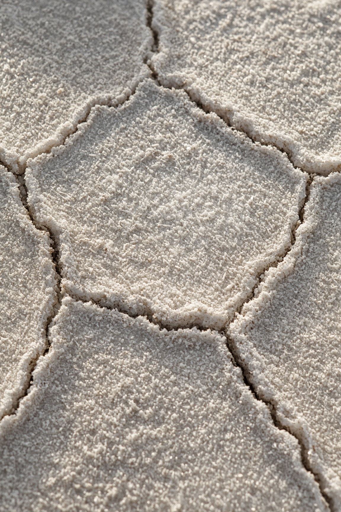 The cracked white salt crust of the salt flat, close up.