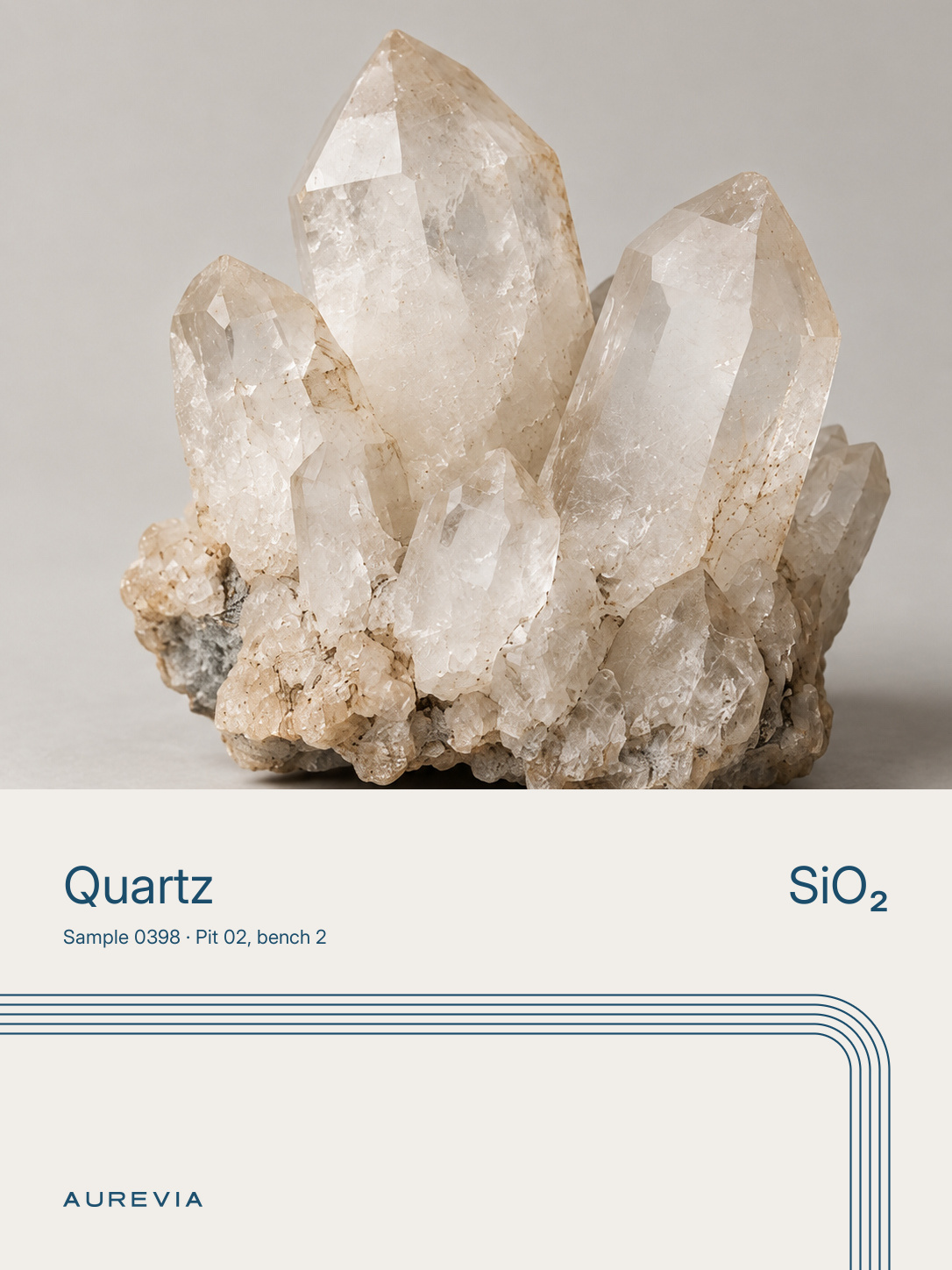 Record card for quartz, sample 0398: the crystal above, its name and SiO₂ below, the road line along the foot.