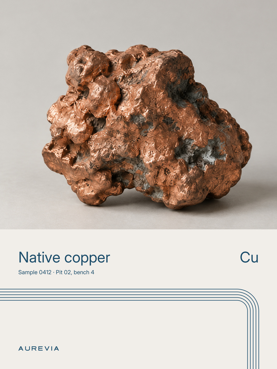 Record card for native copper, sample 0412: the nugget above, its name and Cu below, the road line along the foot.