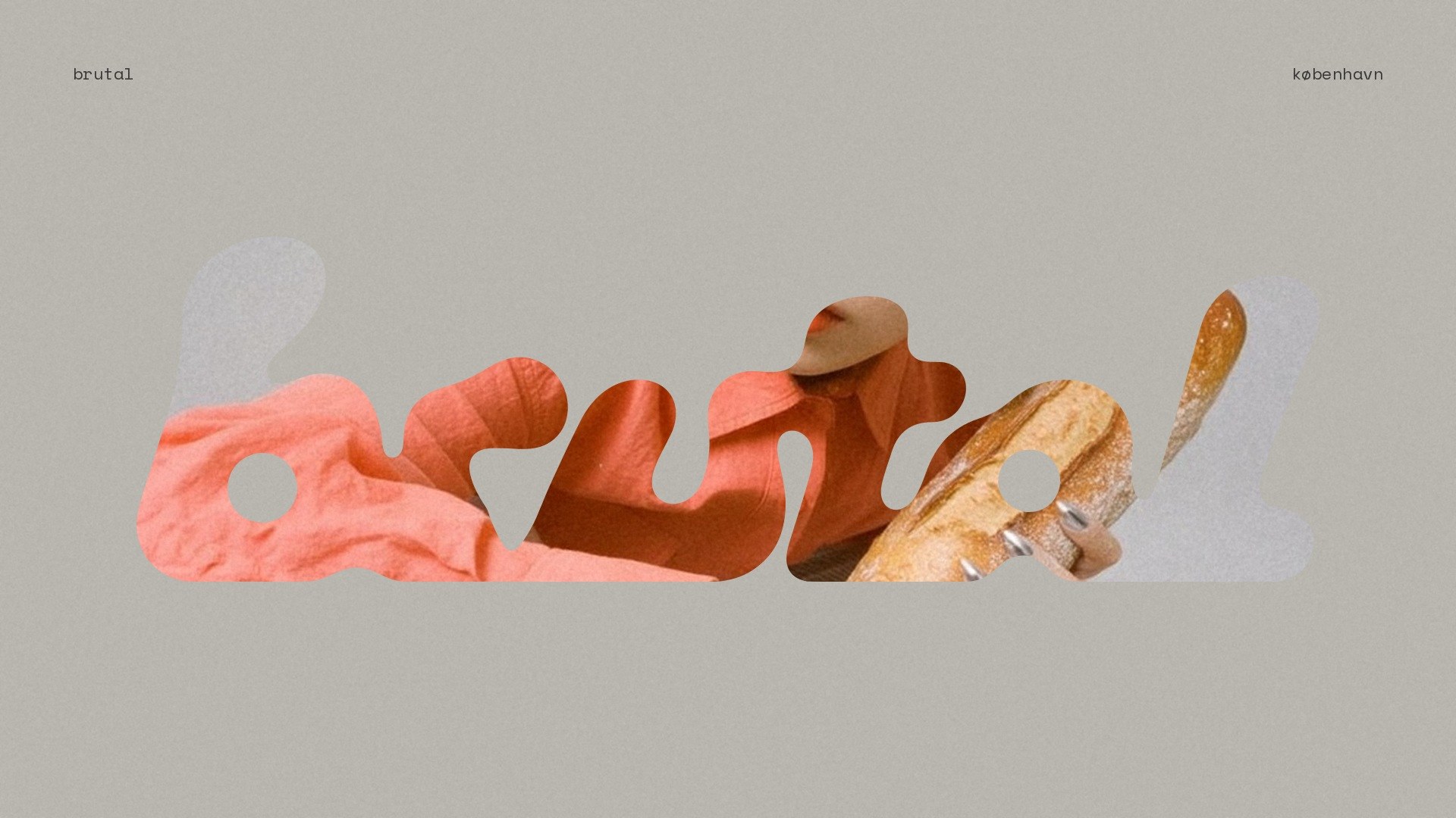 The BRUTAL wordmark cut out of a photograph of the coral shirt and a baguette, on concrete grey.