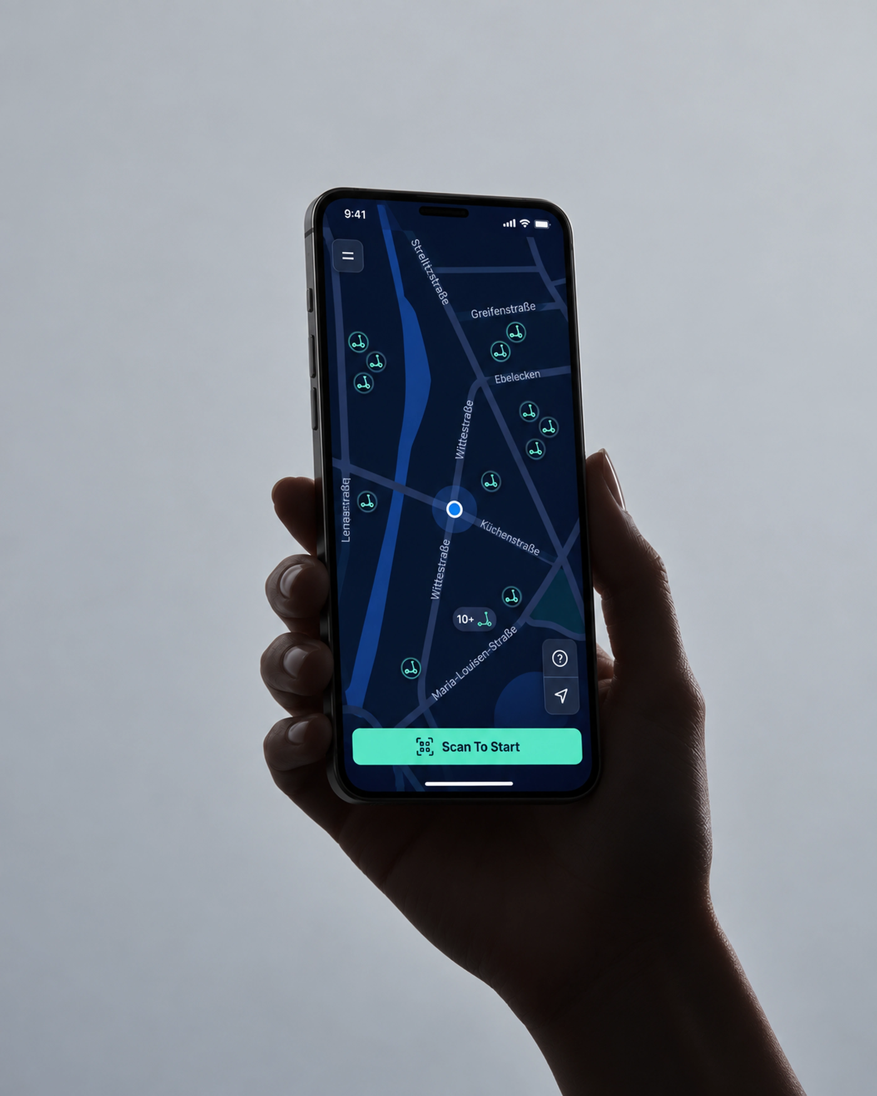The TIER app in a dark navy version, held in one hand.