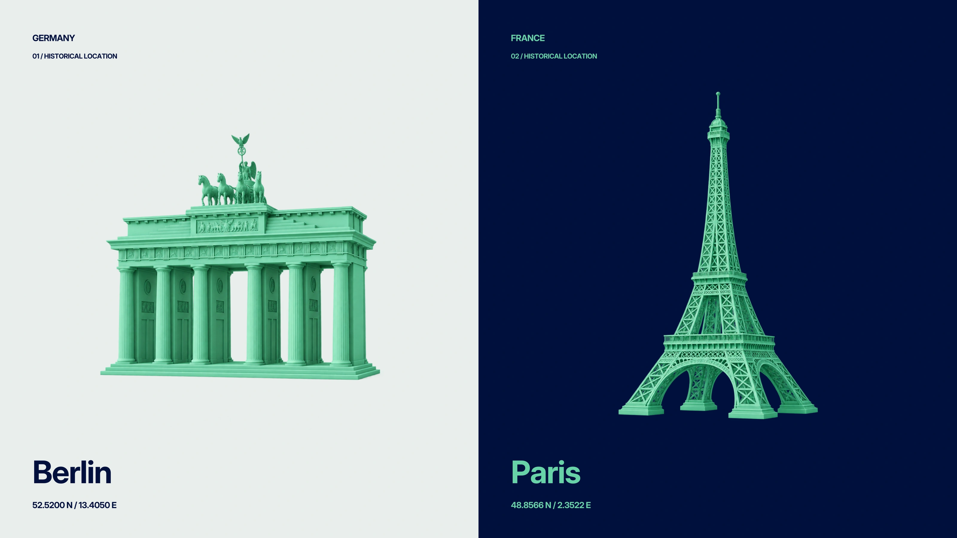Berlin and Paris drawn in mint: the Brandenburg Gate and the Eiffel Tower.