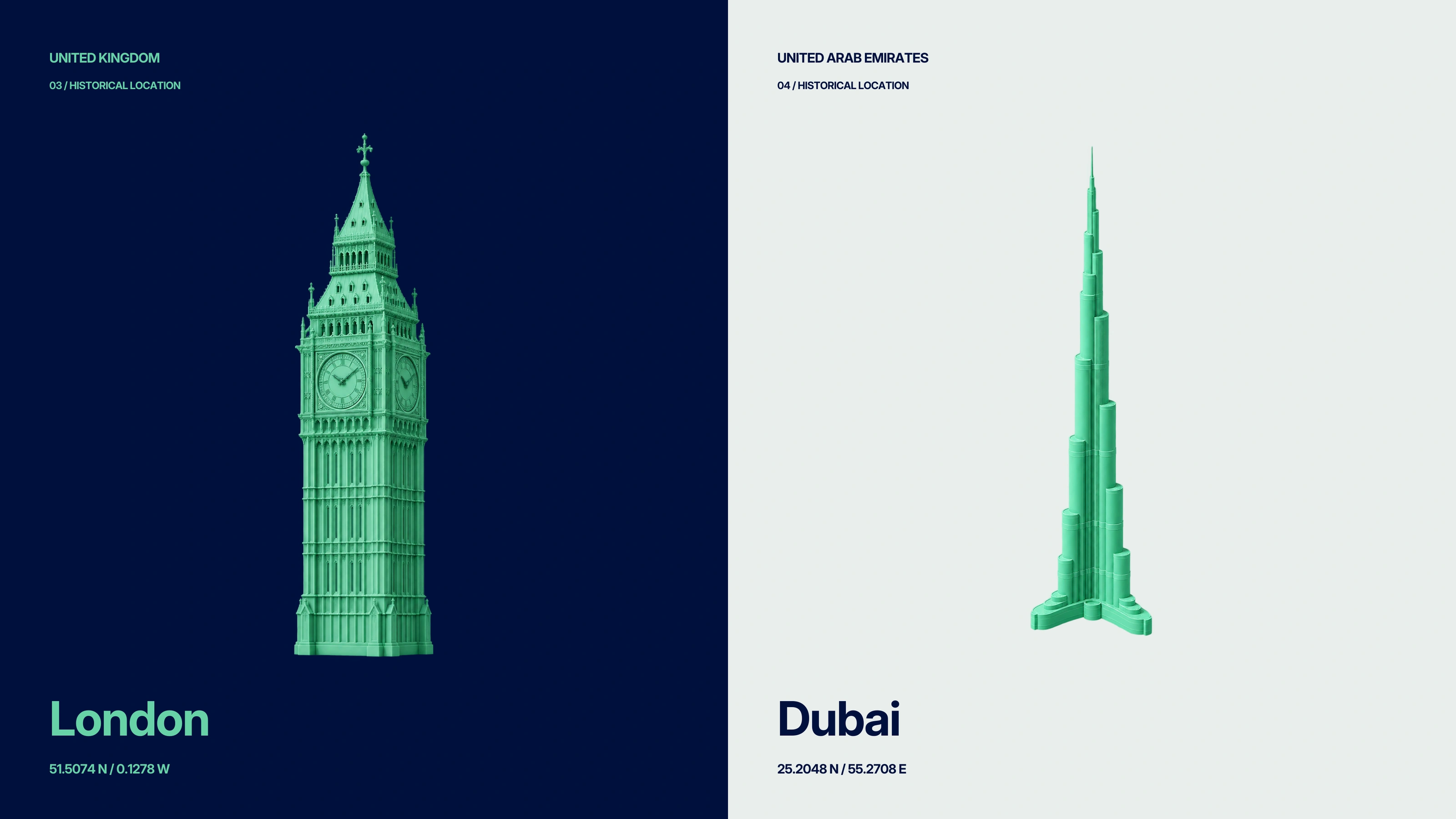 London and Dubai drawn in mint: the Elizabeth Tower and the Burj Khalifa.