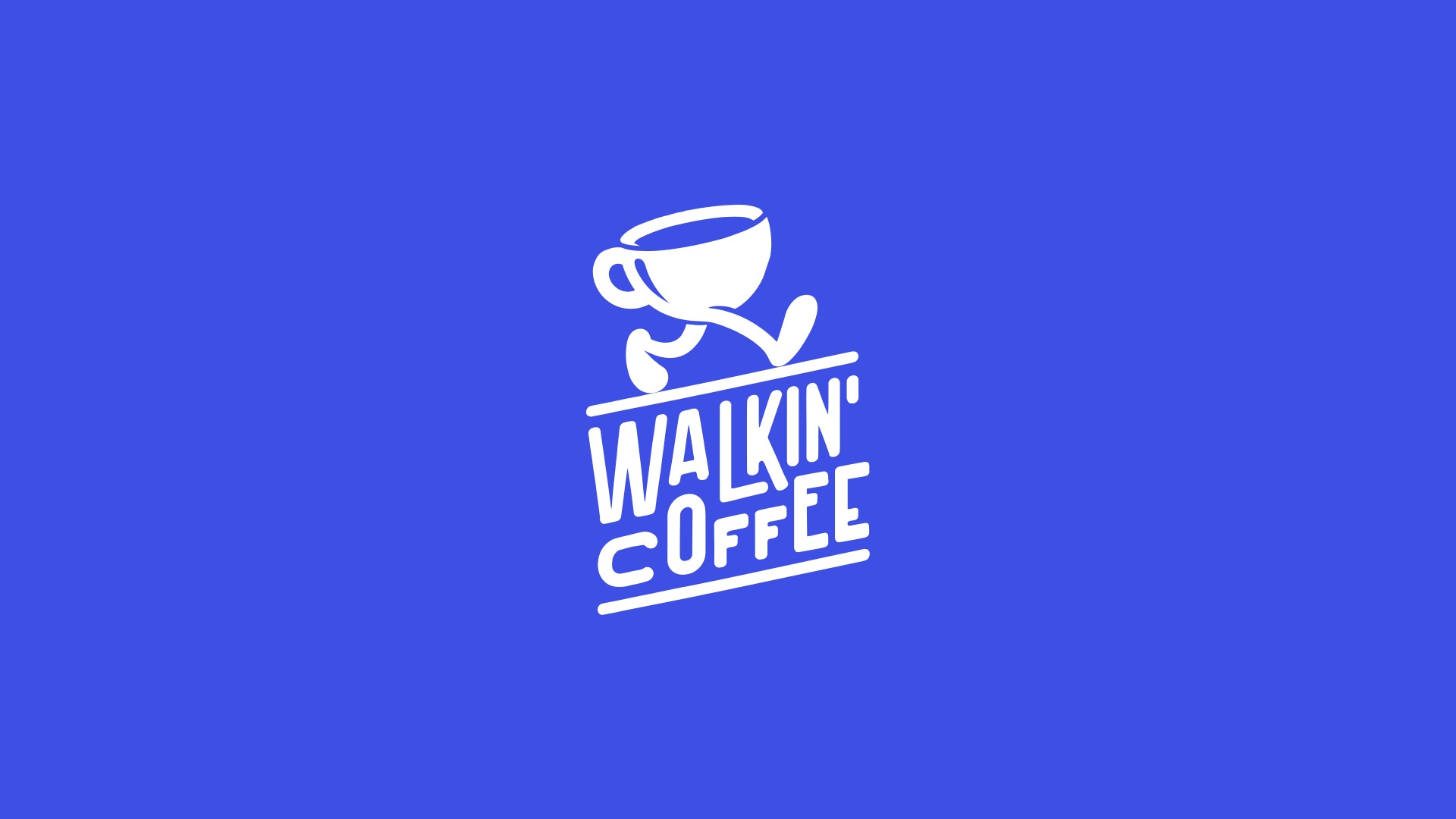 El logotipo de Walkin' Coffee: una taza que camina, en blanco sobre azul.