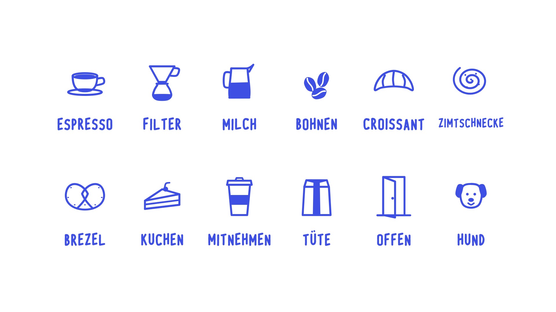 Twelve line pictograms drawn with the same pen as the lettering.