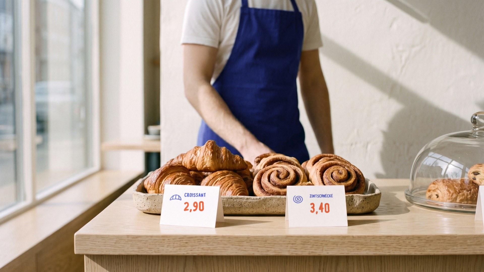 Price tags for a croissant and a cinnamon bun at the counter.