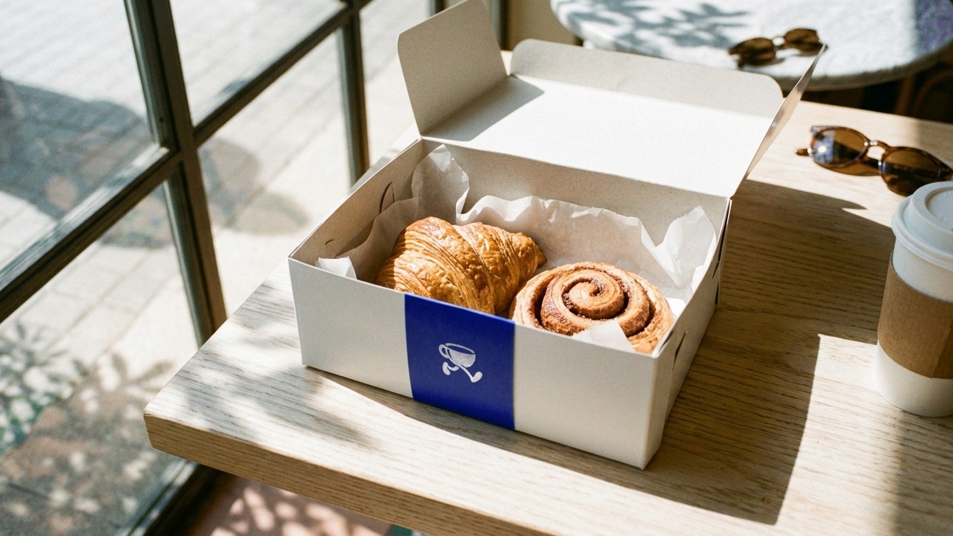 An open pastry box closed with the blue paper band.