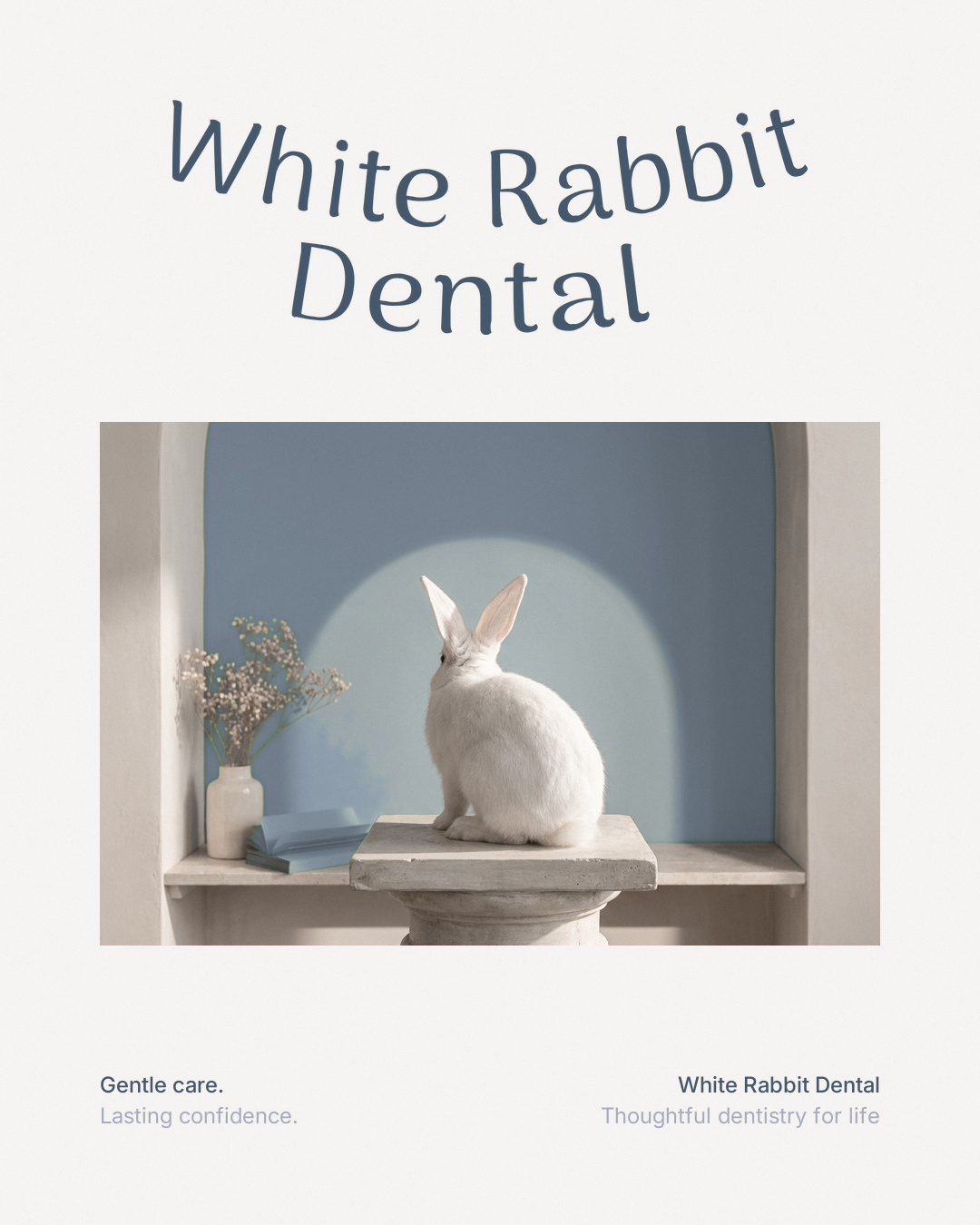 Poster with the wordmark above a white rabbit in a dusty blue niche