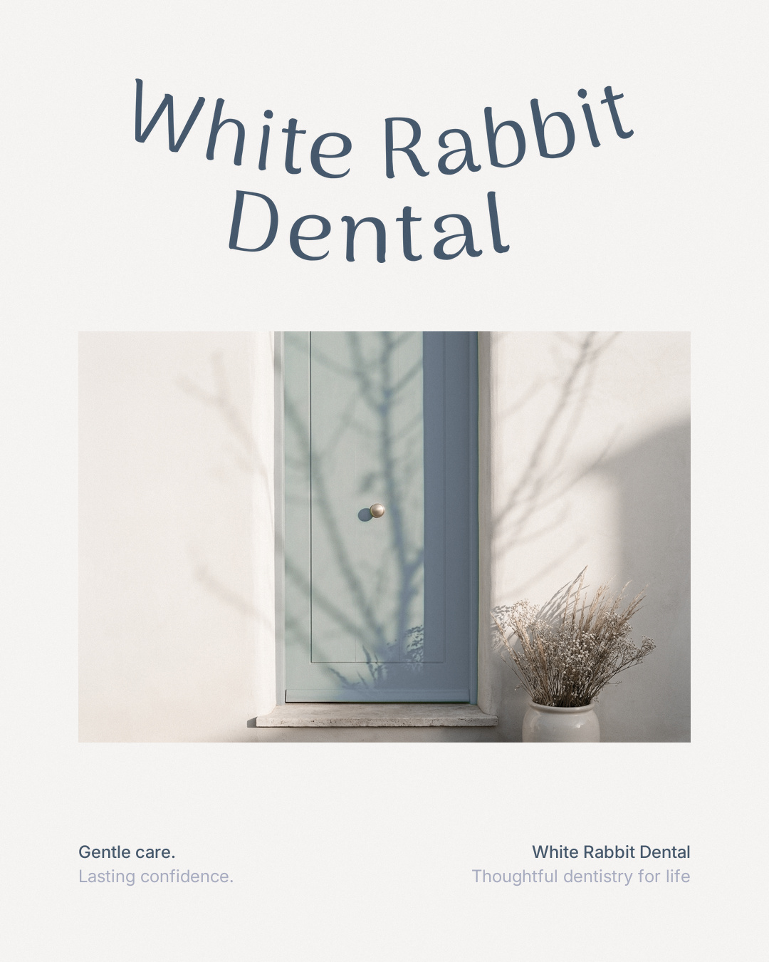 Poster with the wordmark above a dusty blue door in morning light